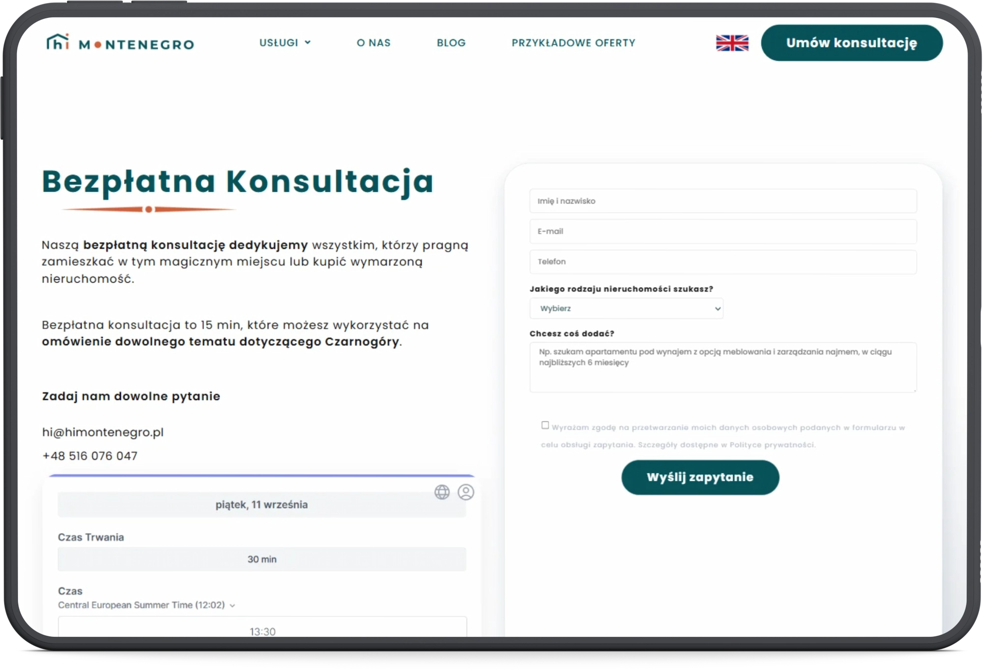 HiMontenegro - strona zapisu na bezpłatną konsultację